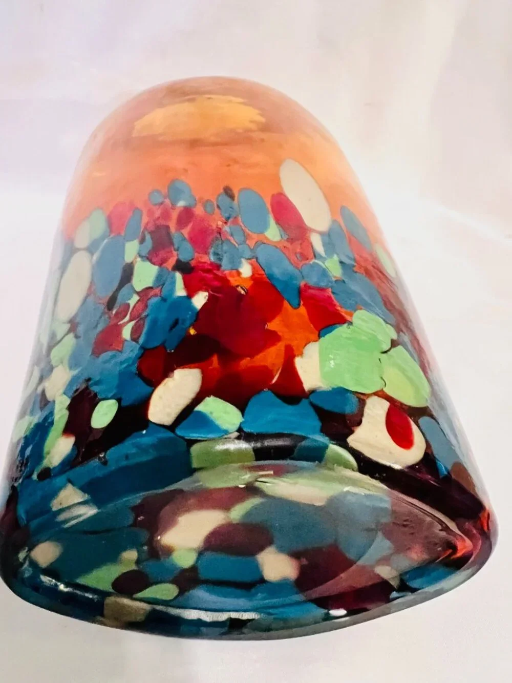 Amber Hand Blown Art Glass Double Handle Vase-Multi Colored Base-11 1/2'x 6